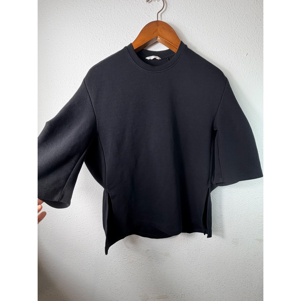 Zara Women Sweatshirt Black Small Short Sleeve Side Slit Crew Neck Scuba Top